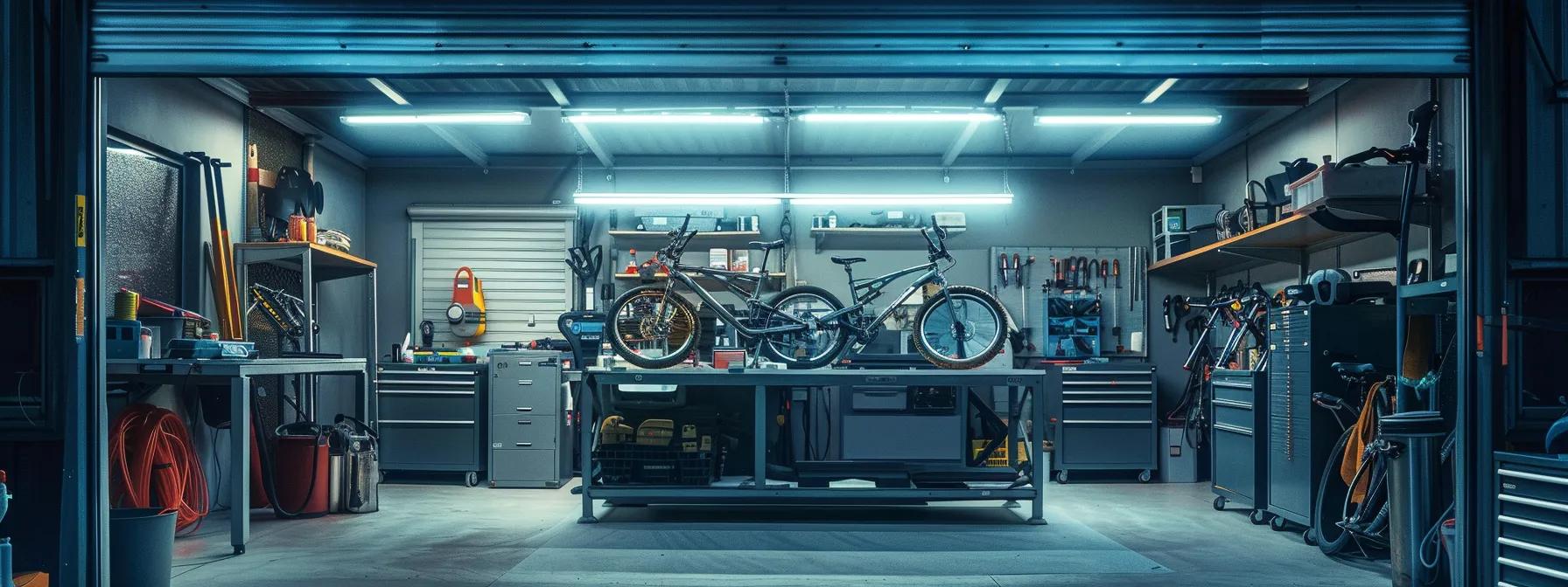 Safe Practices for Motorcycle and ATV Lifts: Expert Guidelines a sleek, modern garage setting showcases a technician meticulously inspecting a hydraulic bike lift, surrounded by tools and maintenance equipment, illuminated by bright overhead lights that emphasize the lift’s robust design and intricate automated controls.