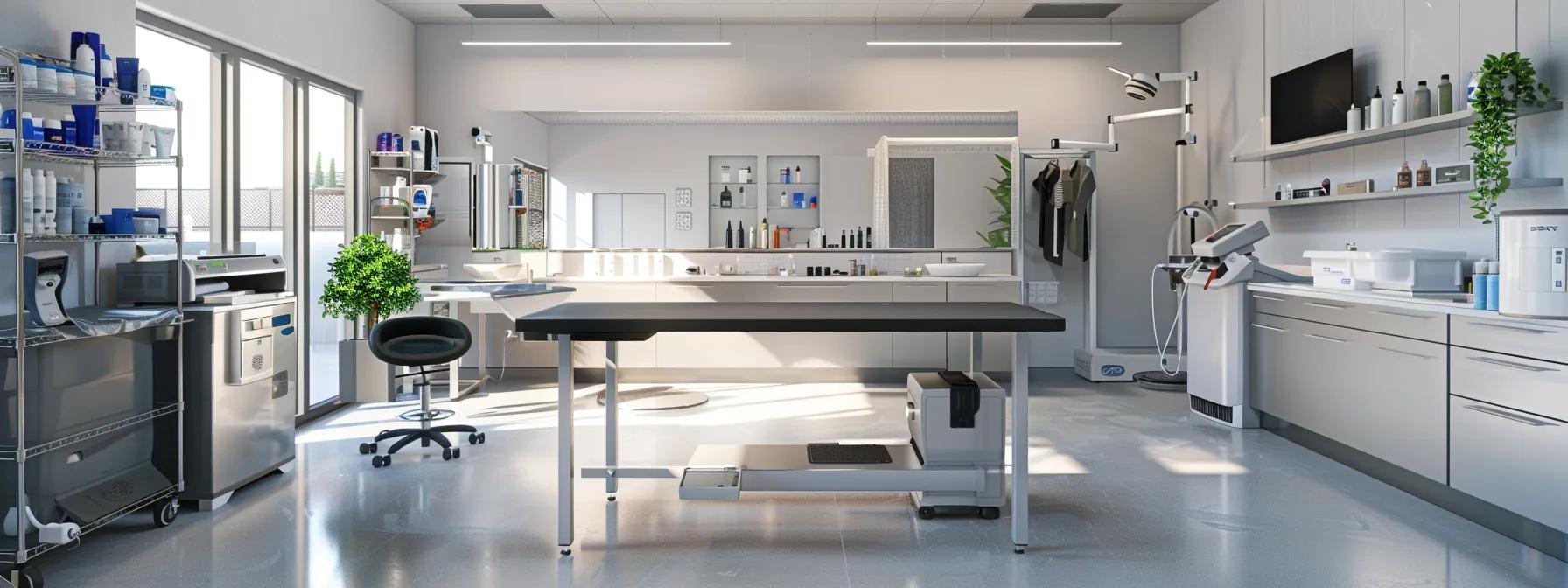 a sleek, modern grooming station is set in a bright, organized space, featuring a sturdy, non-slip grooming table with adjustable arm supports, high-quality pet dryers, and neatly arranged grooming accessories, reflecting a professional atmosphere that ensures comfort and efficiency for both pet and groomer. a sleek, modern grooming station is set in a bright, organized space, featuring a sturdy, non-slip grooming table with adjustable arm supports, high-quality pet dryers, and neatly arranged grooming accessories, reflecting a professional atmosphere that ensures comfort and efficiency for both pet and groomer.
