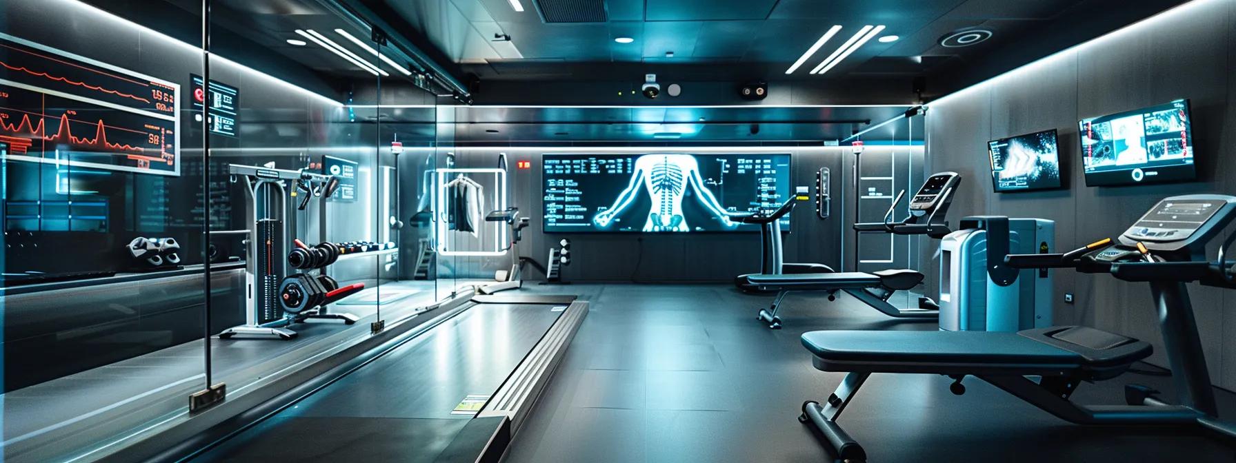 a sleek, modern gym environment showcases an individual strategically adjusting their nutrition and training plan, surrounded by high-tech fitness equipment and digital progress monitors, embodying the essence of optimizing an ostarine cycle for peak performance.