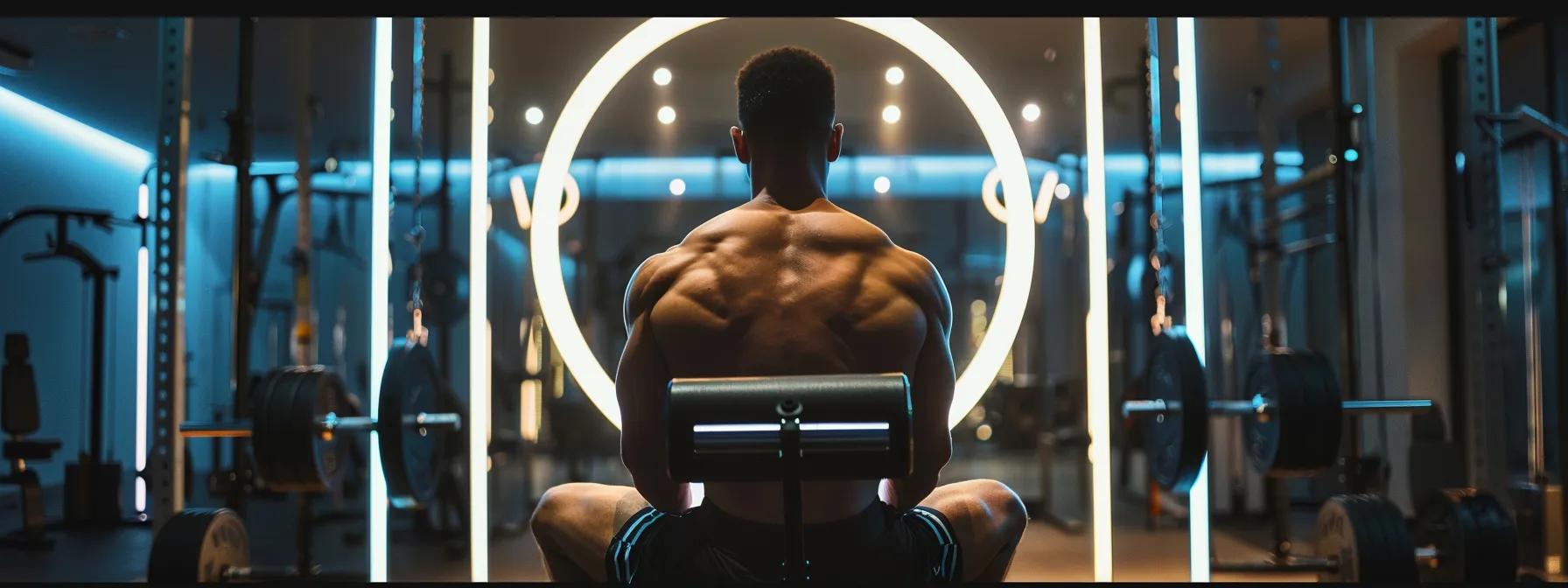 a sleek, modern gym setting is illuminated with dynamic lighting, featuring an athlete intensely engaged in strength training, showcasing muscular definition and determination, symbolizing the transformative effects of ostarine over an 8-12 week cycle.