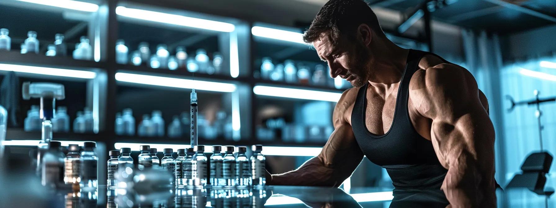 a sleek, modern gym setting showcases a focused bodybuilder analysing a range of vials and syringes labelled 'ibutamoren mk-677', 'hgh', and 'peptides', with dynamic lighting that highlights the intensity of muscle growth and performance enhancement.