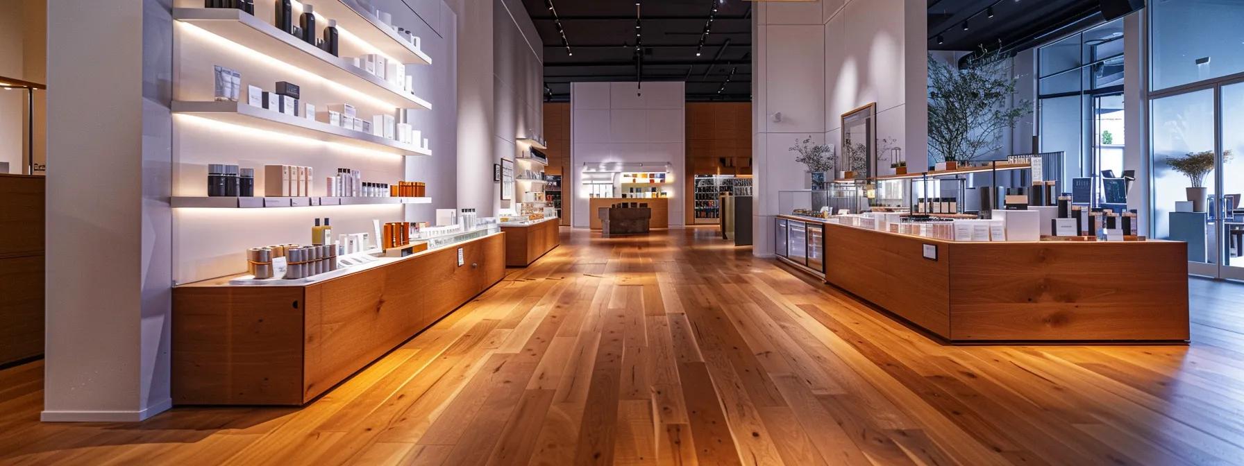a sleek, modern hardwood floor showroom showcases pristine floors under bright, focused lighting, with an elegant display of protective products and accessories positioned artfully to convey proactive maintenance for preventing scratches and damage. a sleek, modern hardwood floor showroom showcases pristine floors under bright, focused lighting, with an elegant display of protective products and accessories positioned artfully to convey proactive maintenance for preventing scratches and damage.