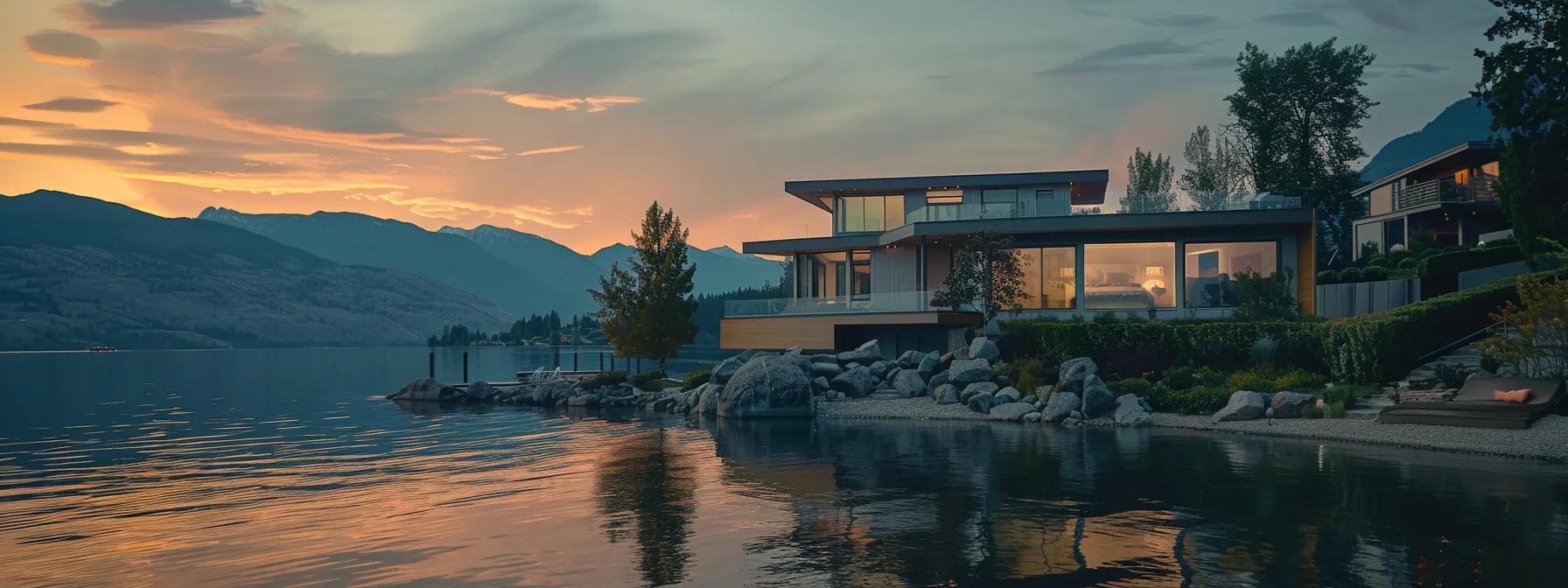 a sleek, modern home at lakestone overlooking a tranquil lake with majestic mountains in the background. a sleek, modern home at lakestone overlooking a tranquil lake with majestic mountains in the background.