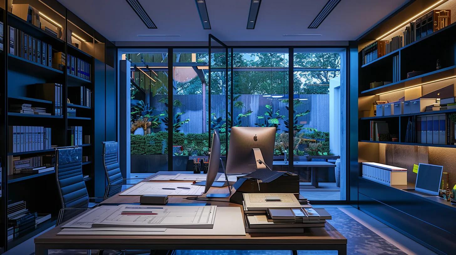 a sleek, modern home office filled with blueprints and material samples, illuminated by clear overhead lighting, emphasizes the intricate planning and budgeting required for creating custom homes. a sleek, modern home office filled with blueprints and material samples, illuminated by clear overhead lighting, emphasizes the intricate planning and budgeting required for creating custom homes.