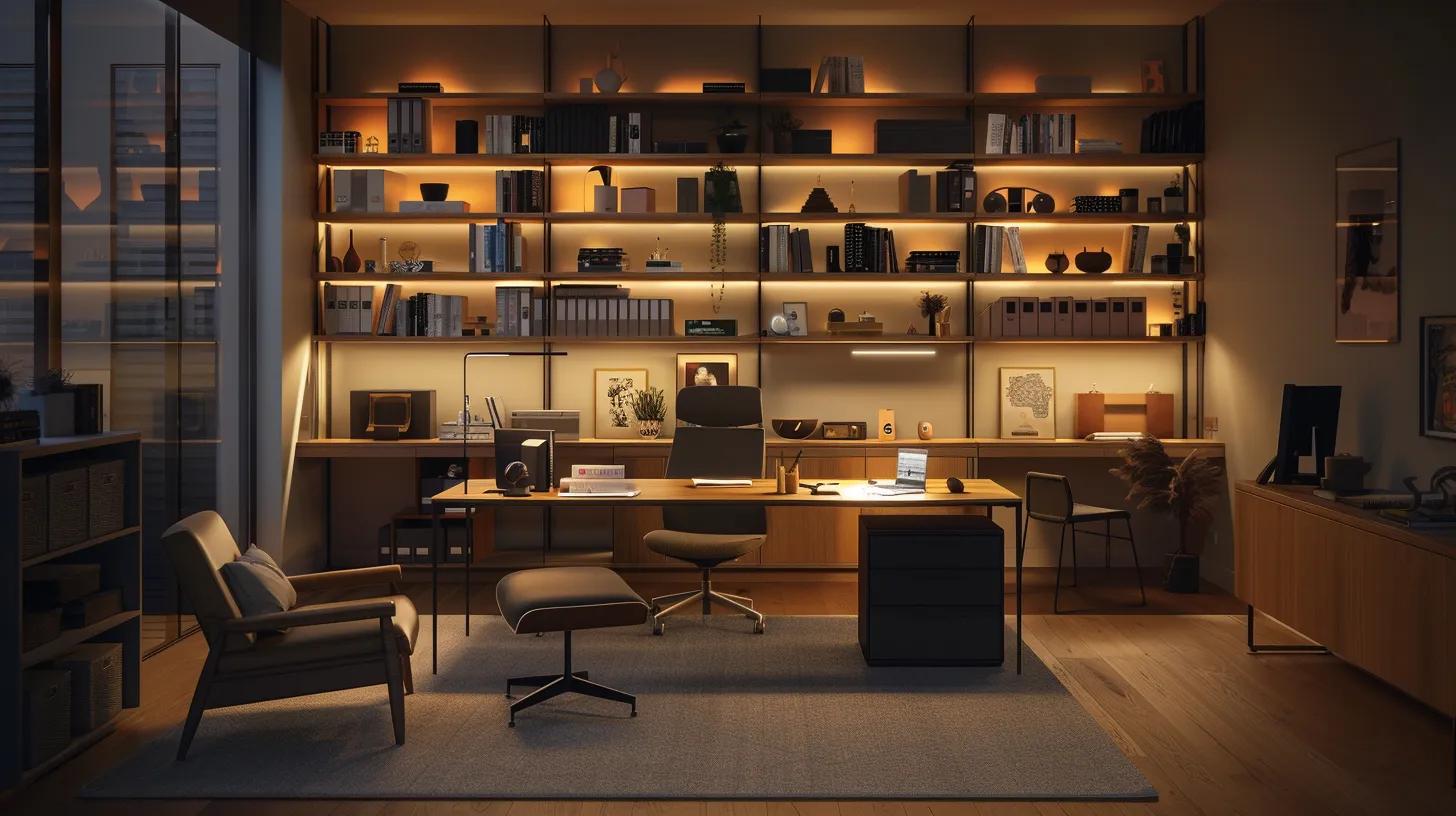 a sleek, modern home office filled with neatly organized shelves and minimalist decor, showcasing a professional organizer guiding a family through an efficient decluttering process, bathed in warm ambient lighting for a comforting atmosphere.