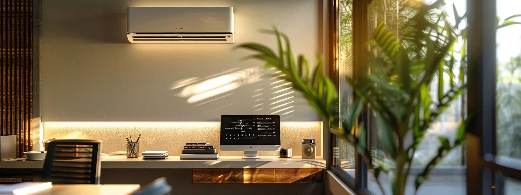 a sleek, modern home office showcases a stylish energy-efficient ac unit prominently displayed against a contemporary wall, with a digital display illustrating its features and benefits in a warm, inviting atmosphere.