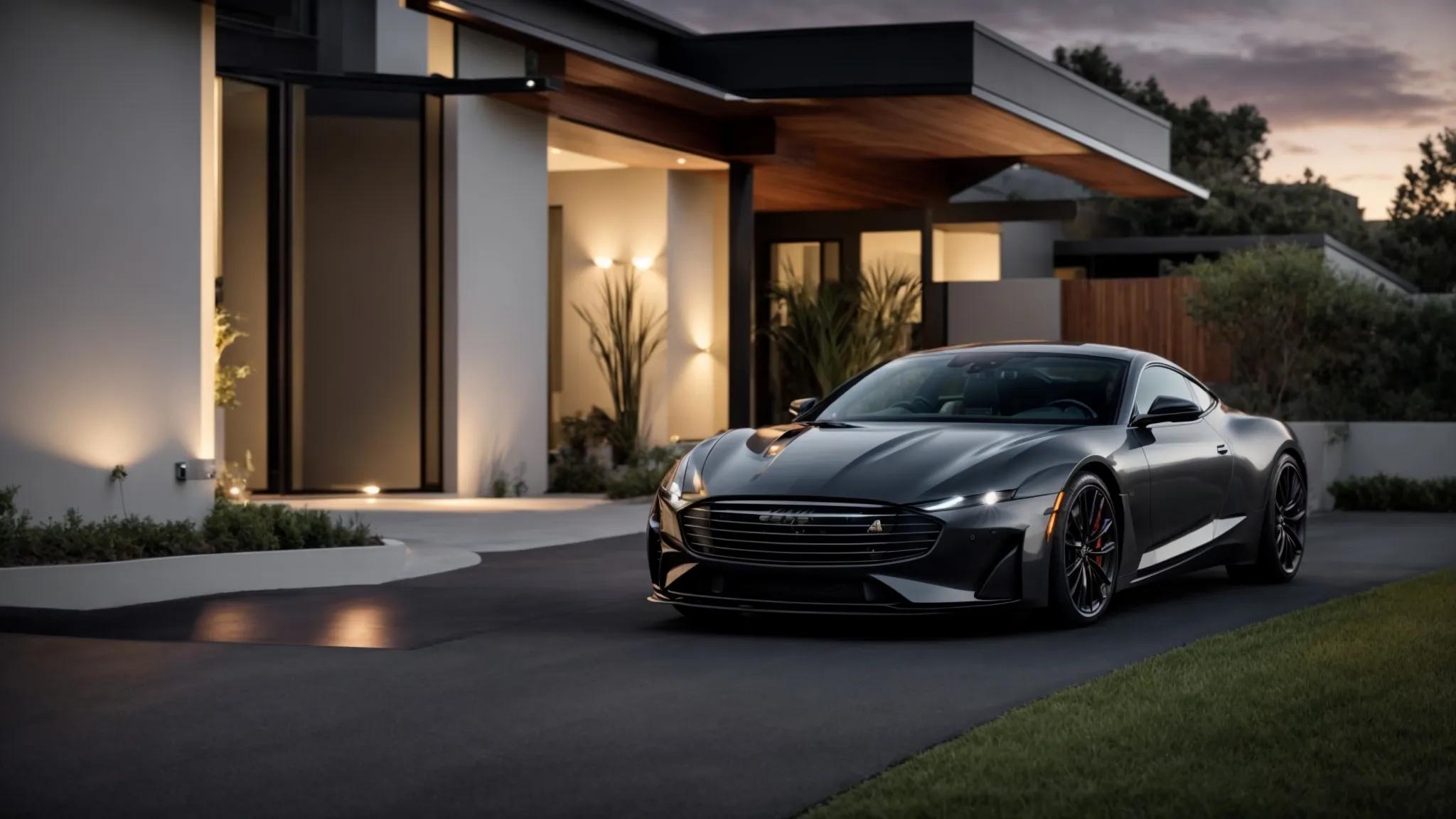 a sleek modern home showcases a freshly paved personalized asphalt driveway, complete with elegant entry curves and integrated lighting, set against a polished urban backdrop that emphasizes both aesthetic appeal and functional design.