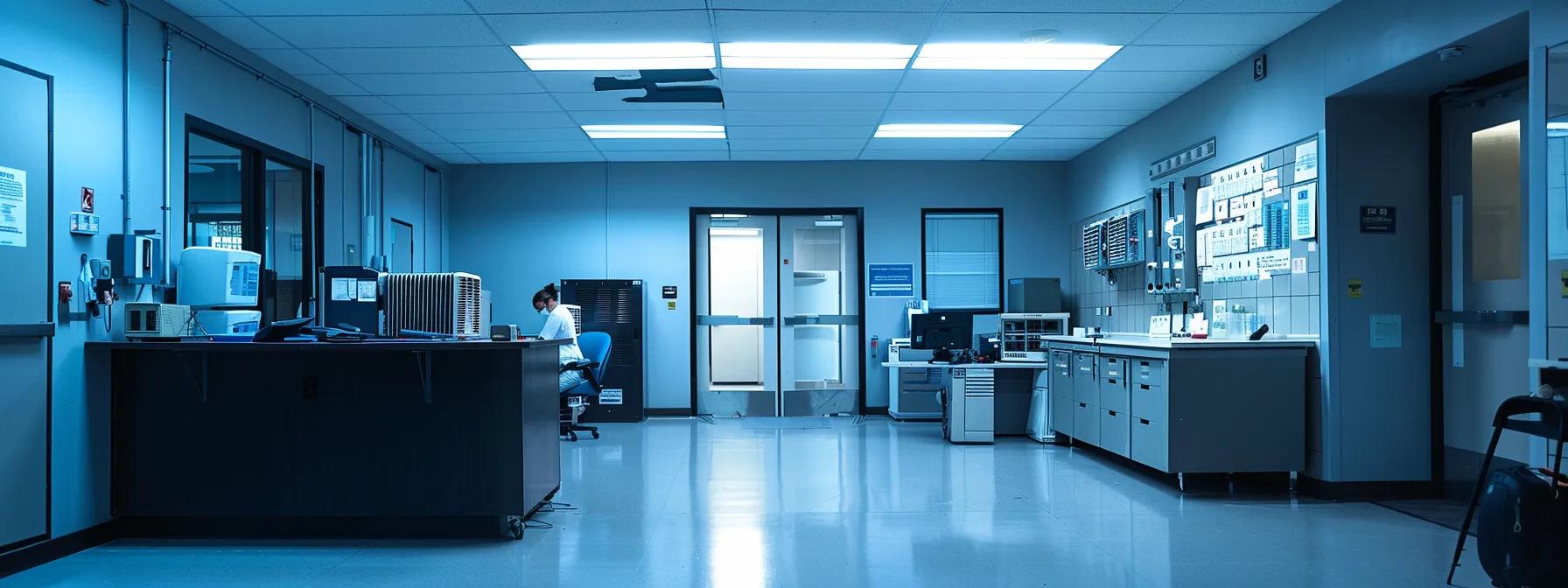 a sleek, modern hvac service office, showcasing a technician inspecting an air conditioning unit, surrounded by tools and maintenance schedules, illuminated by bright overhead lighting that emphasizes a professional and efficient atmosphere.