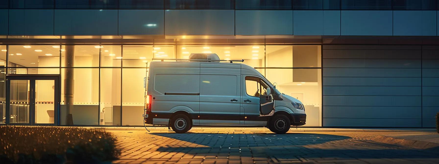 a sleek, modern hvac service van parked in front of a contemporary office building, showcasing a confident technician inspecting the air conditioning unit on the rooftop, bathed in bright artificial lighting that highlights the professionalism of the service. a sleek, modern hvac service van parked in front of a contemporary office building, showcasing a confident technician inspecting the air conditioning unit on the rooftop, bathed in bright artificial lighting that highlights the professionalism of the service.