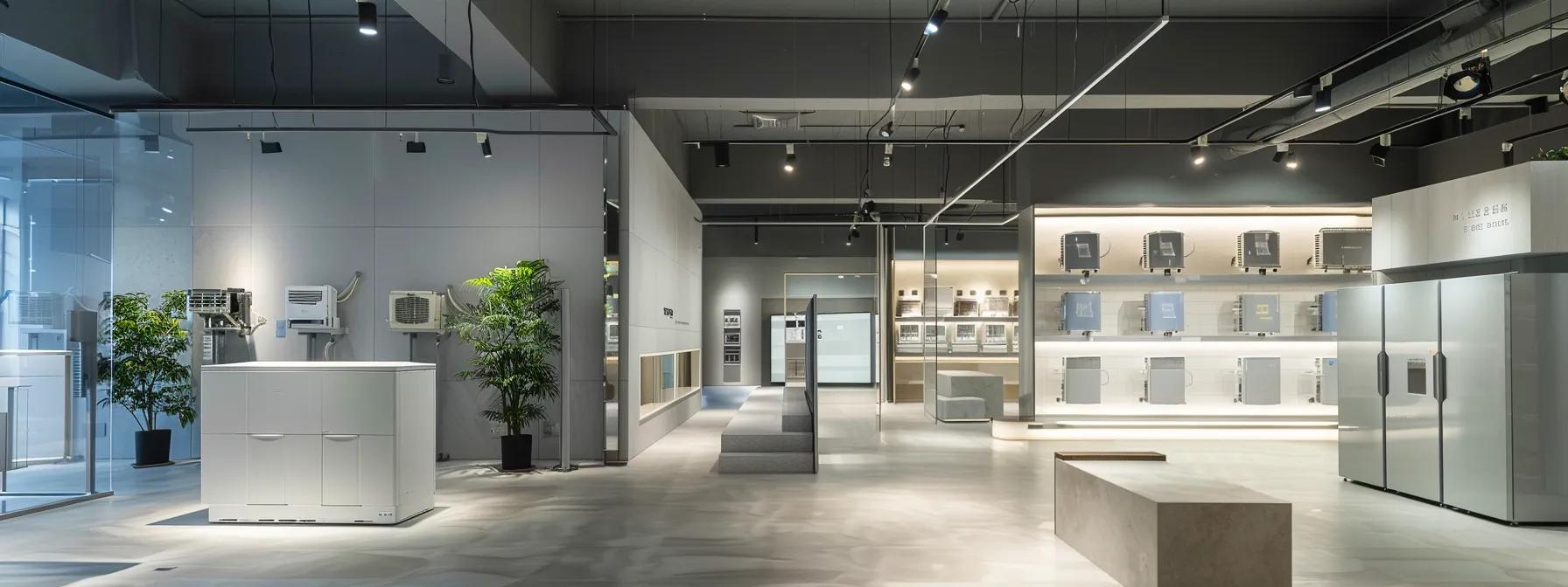 a sleek, modern hvac showroom filled with various energy-efficient units prominently displayed against clean, minimalist backgrounds, illuminated by soft, focused lighting to highlight their innovative designs. a sleek, modern hvac showroom filled with various energy-efficient units prominently displayed against clean, minimalist backgrounds, illuminated by soft, focused lighting to highlight their innovative designs.