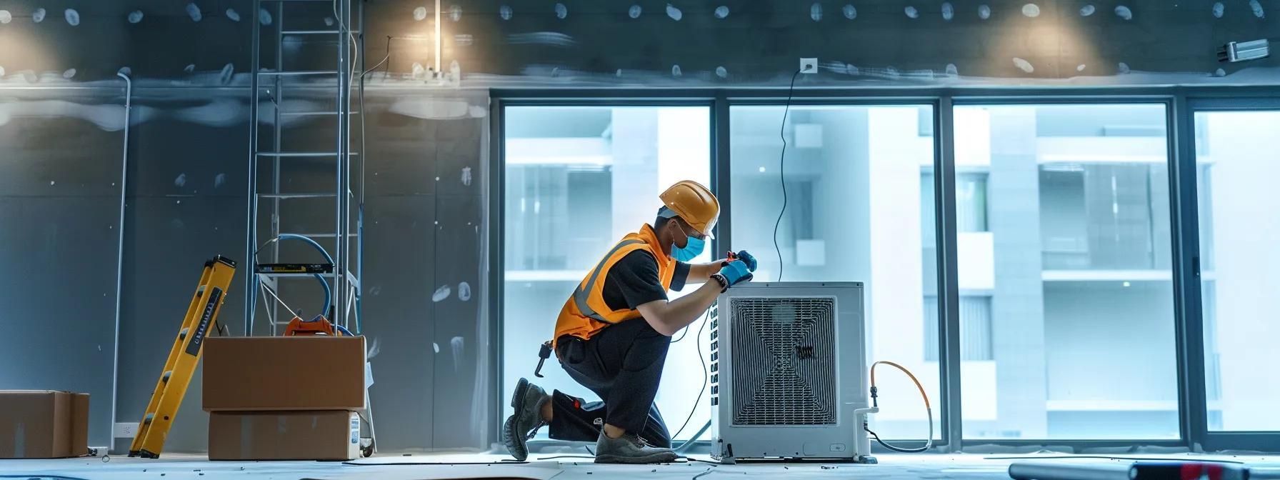 a sleek, modern hvac technician meticulously installing an air conditioning unit in a contemporary office space, surrounded by tools and sophisticated equipment, highlighting the precision and expertise required for efficient installation.