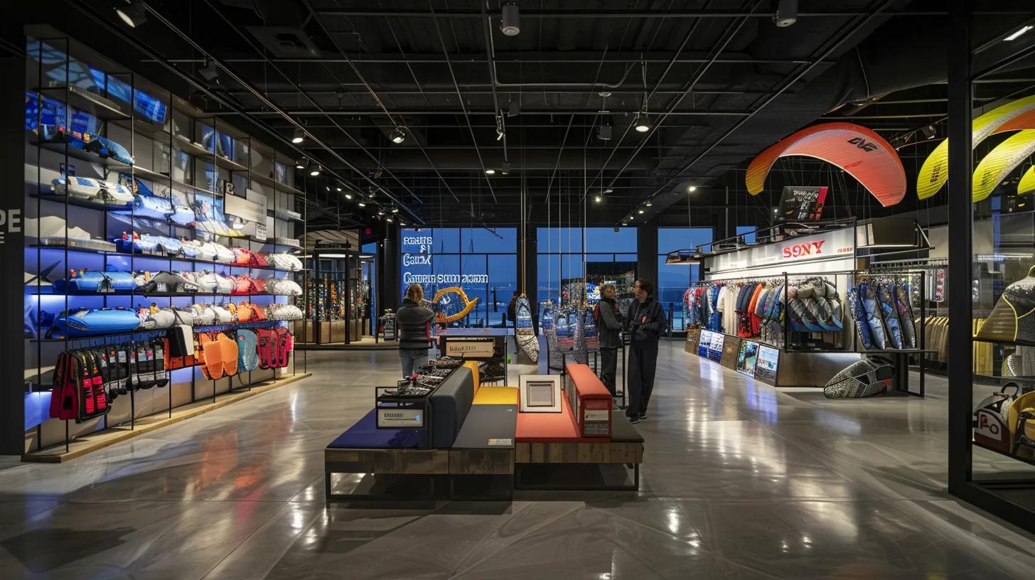 a sleek, modern indoor paragliding showroom showcases an array of high-performance gear, with knowledgeable staff engaging enthusiastically with customers, highlighted by bright, focused lighting that emphasizes the equipment's quality and certification badges. a sleek, modern indoor paragliding showroom showcases an array of high-performance gear, with knowledgeable staff engaging enthusiastically with customers, highlighted by bright, focused lighting that emphasizes the equipment's quality and certification badges.