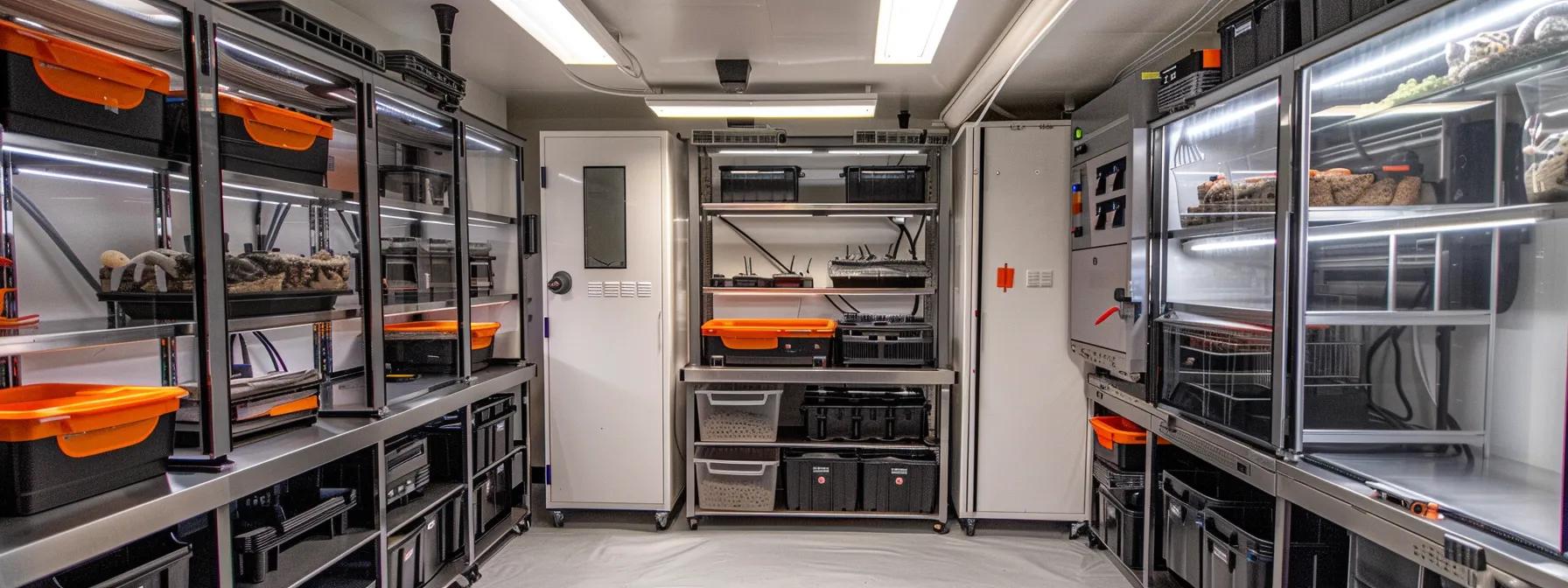 a sleek, modern indoor workspace filled with well-organized reptile breeding kits and supplies—including incubators, heating devices, and substrates—showcasing a professional setup designed for serious breeders.