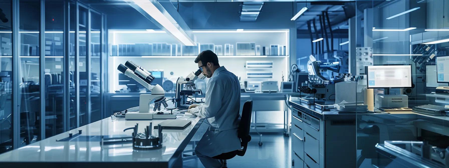 a sleek, modern inspection lab filled with high-tech machinery and precision instruments, illuminated by bright overhead lights, showcasing a technician meticulously analyzing metal parts under a microscope against a backdrop of streamlined workstations and digital monitors displaying quality metrics.