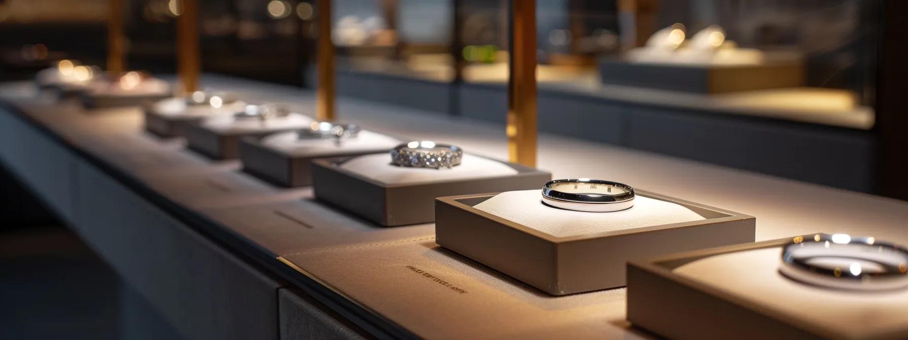 a sleek, modern jewelry display in an upscale boutique showcases a variety of alternative wedding ring materials, including polished tungsten, titanium, and ceramic, highlighted under warm spotlights to emphasize their durability and unique textures. a sleek, modern jewelry display in an upscale boutique showcases a variety of alternative wedding ring materials, including polished tungsten, titanium, and ceramic, highlighted under warm spotlights to emphasize their durability and unique textures.