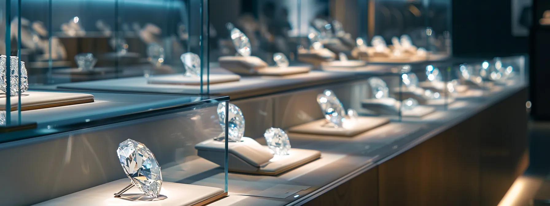 a sleek, modern jewelry display showcases a sparkling array of natural and lab-grown diamonds, each meticulously labeled with the 4cs—cut, clarity, color, and carat—under focused, dramatic lighting in a sophisticated urban boutique setting.