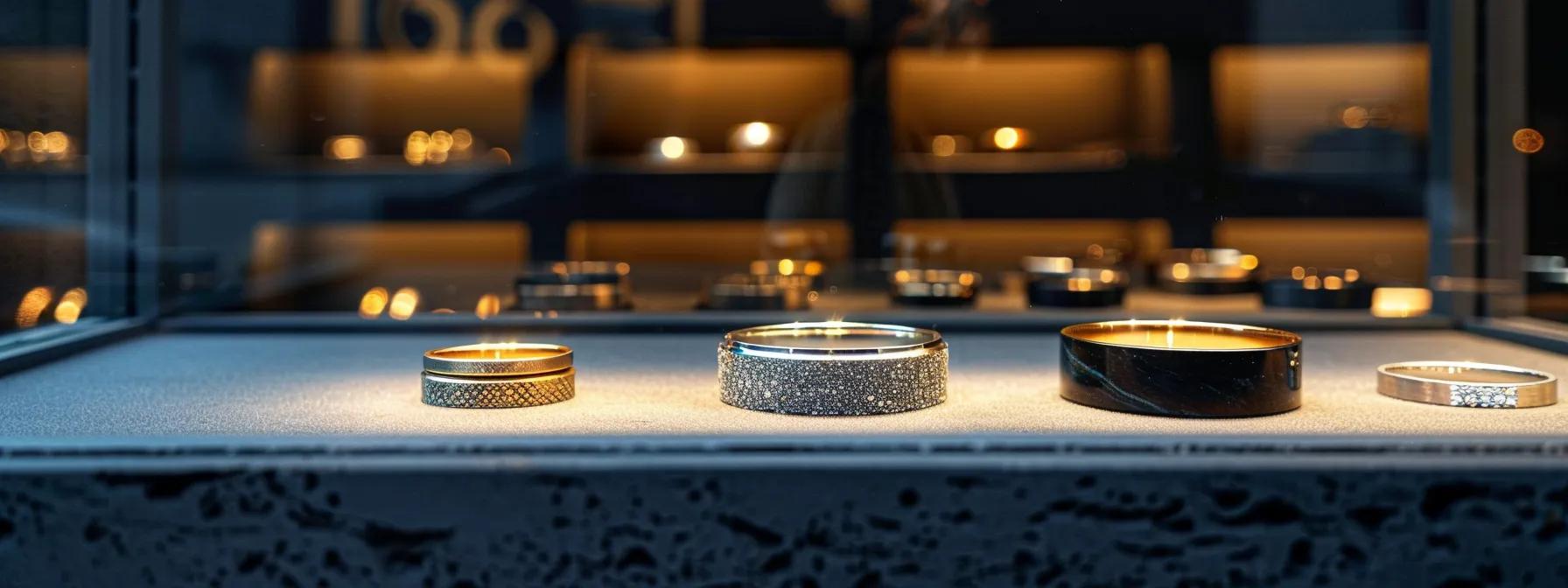 a sleek, modern jewelry showcase filled with a diverse array of unique wedding bands crafted from exotic woods, meteorite, dinosaur bone, carbon fiber, and ceramic, illuminated by soft, focused lighting that highlights their distinct materials and craftsmanship against a minimalist urban backdrop. a sleek, modern jewelry showcase filled with a diverse array of unique wedding bands crafted from exotic woods, meteorite, dinosaur bone, carbon fiber, and ceramic, illuminated by soft, focused lighting that highlights their distinct materials and craftsmanship against a minimalist urban backdrop.