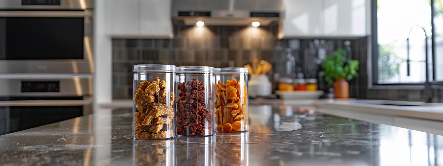 a sleek, modern kitchen countertop displays an assortment of vibrant, freeze-dried dog treats in clear containers, highlighting their grain-free and limited-ingredient labels against a background of tasteful, minimalist decor. a sleek, modern kitchen countertop displays an assortment of vibrant, freeze-dried dog treats in clear containers, highlighting their grain-free and limited-ingredient labels against a background of tasteful, minimalist decor.