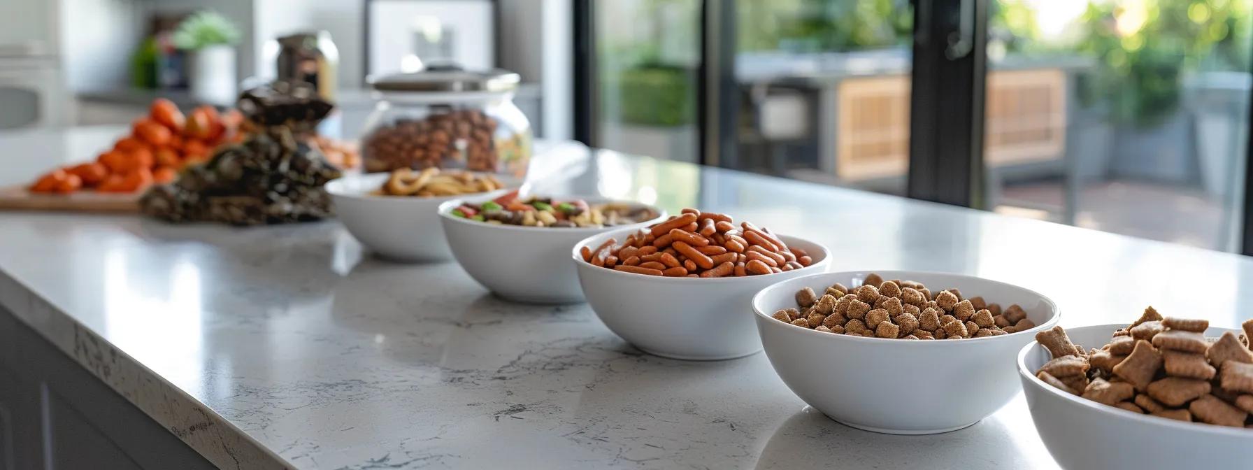 a sleek, modern kitchen countertop displays an array of hypoallergenic dog treat ingredients, including vibrant novel protein sources and wholesome alternative carbohydrates neatly arranged in stylish bowls, highlighting a focus on canine health and nutrition.