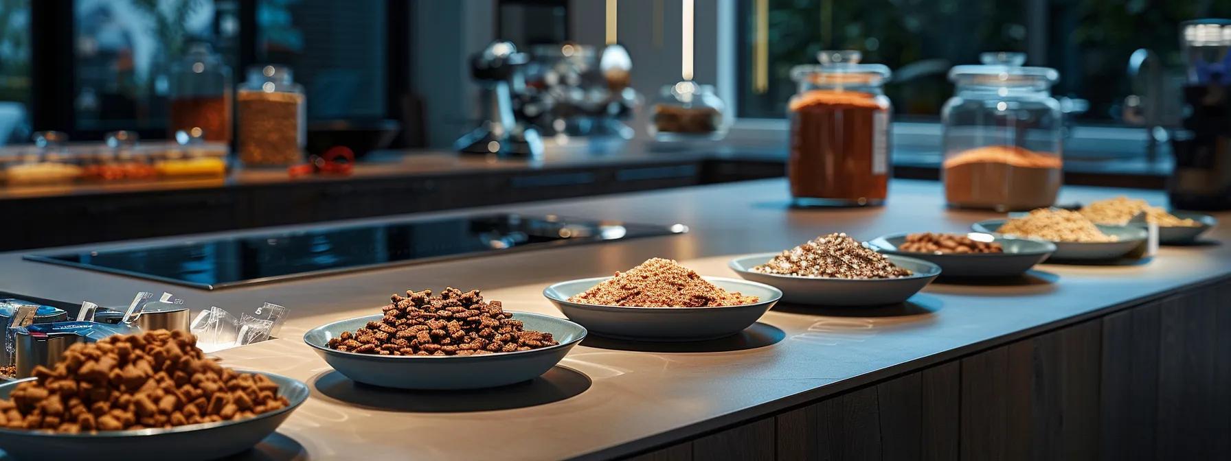 a sleek, modern kitchen countertop displays an array of freeze-dried dog food packages alongside bowls of kibble and raw ingredients, illuminated by bright, focused lighting to emphasize their nutritional contrasts and appeal.