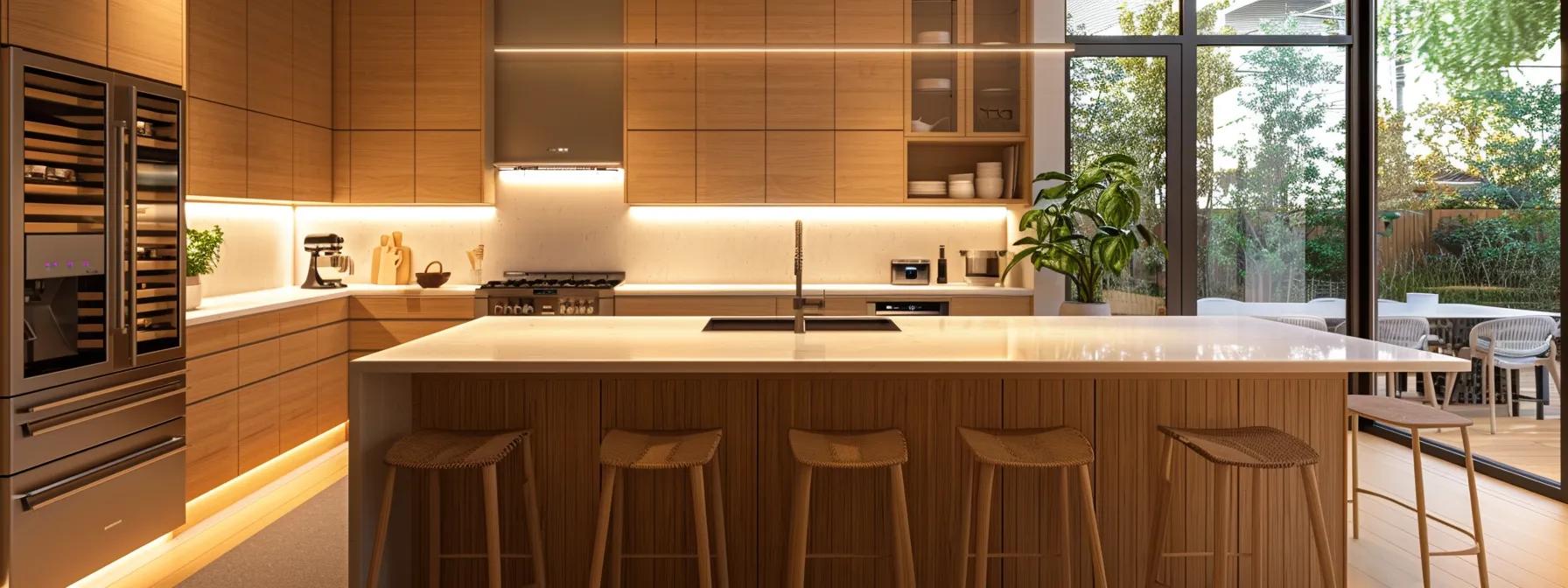 a sleek, modern kitchen designed with an open layout features minimalist bamboo cabinetry, durable quartz countertops, energy-efficient led lighting, and smart appliances, all beautifully arranged to emphasize both aesthetic appeal and functionality. a sleek, modern kitchen designed with an open layout features minimalist bamboo cabinetry, durable quartz countertops, energy-efficient led lighting, and smart appliances, all beautifully arranged to emphasize both aesthetic appeal and functionality.
