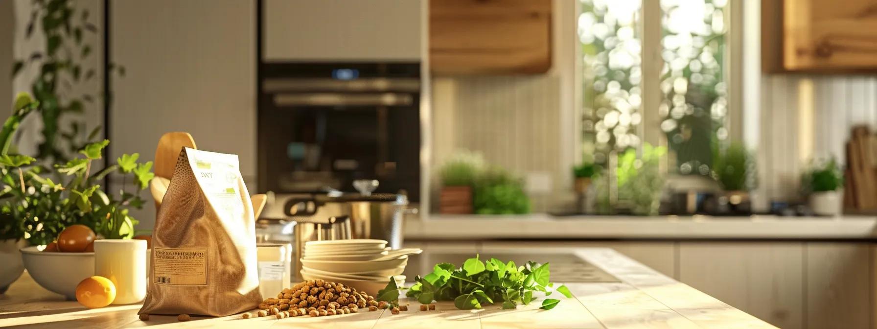 a sleek, modern kitchen environment showcases an open bag of against the grain cat food, with vibrant ingredients artfully arranged around it, emphasizing the connection between quality ingredients and their impact on flavor and nutrition. a sleek, modern kitchen environment showcases an open bag of against the grain cat food, with vibrant ingredients artfully arranged around it, emphasizing the connection between quality ingredients and their impact on flavor and nutrition.