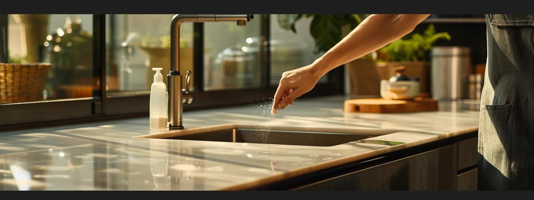 a sleek, modern kitchen features pristine quartz countertops with subtle stains from coffee and ink, while a gentle hand reaches for a non-abrasive cleaning solution amidst stylish frameless european cabinetry, emphasizing the importance of immediate stain removal. a sleek, modern kitchen features pristine quartz countertops with subtle stains from coffee and ink, while a gentle hand reaches for a non-abrasive cleaning solution amidst stylish frameless european cabinetry, emphasizing the importance of immediate stain removal.