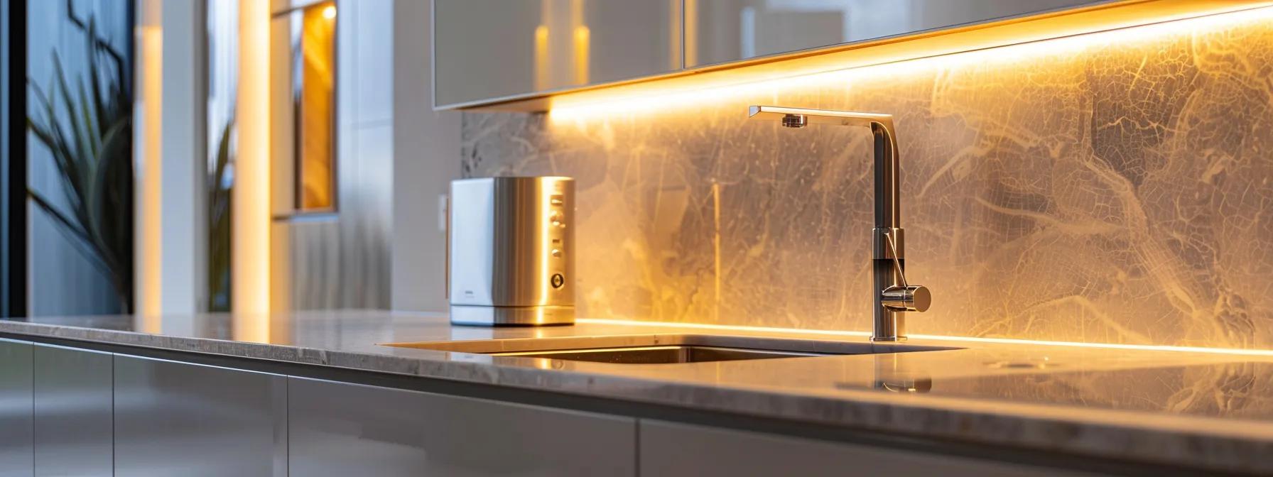 a sleek, modern kitchen featuring a state-of-the-art whirlpool reverse osmosis water filtration system prominently displayed, illuminated by soft, ambient lighting that highlights its polished stainless steel finish against a contemporary marble countertop.