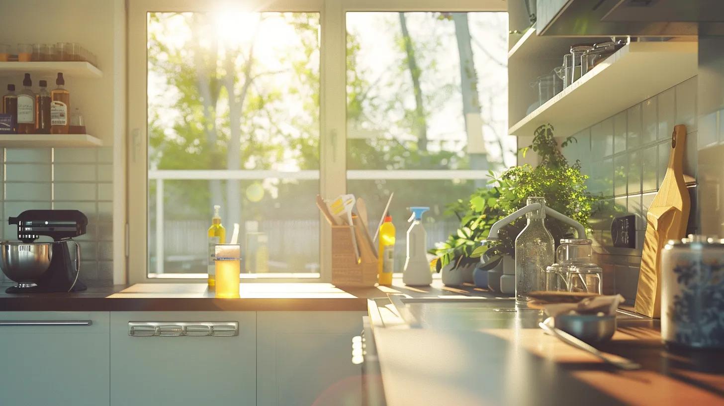 a sleek, modern kitchen filled with summer sunlight, showcasing a well-organized cleaning station with essential supplies, emphasizing the importance of proactive home maintenance as august approaches.