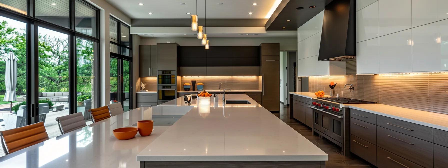 a sleek, modern kitchen in an ohio home showcases a blend of minimalist and industrial design elements, featuring elegant cabinetry, polished countertops, and contemporary lighting that illuminates the open space. a sleek, modern kitchen in an ohio home showcases a blend of minimalist and industrial design elements, featuring elegant cabinetry, polished countertops, and contemporary lighting that illuminates the open space.