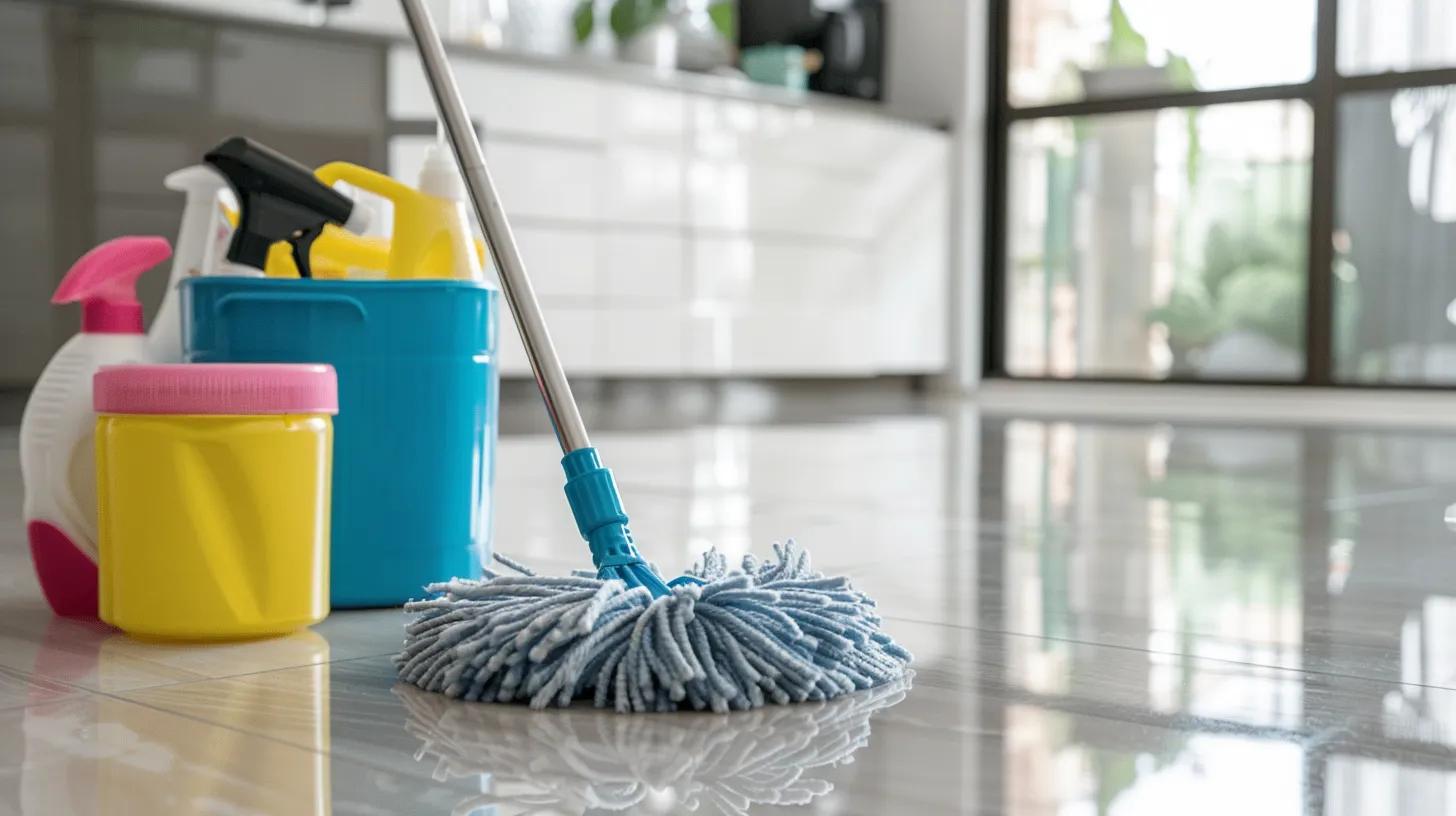 a sleek, modern kitchen in an atlanta home showcases gleaming hardwood and tile floors, with a vibrant microfiber mop and cleaning supplies strategically placed, illustrating the importance of effective summer floor maintenance in a stylish urban setting.