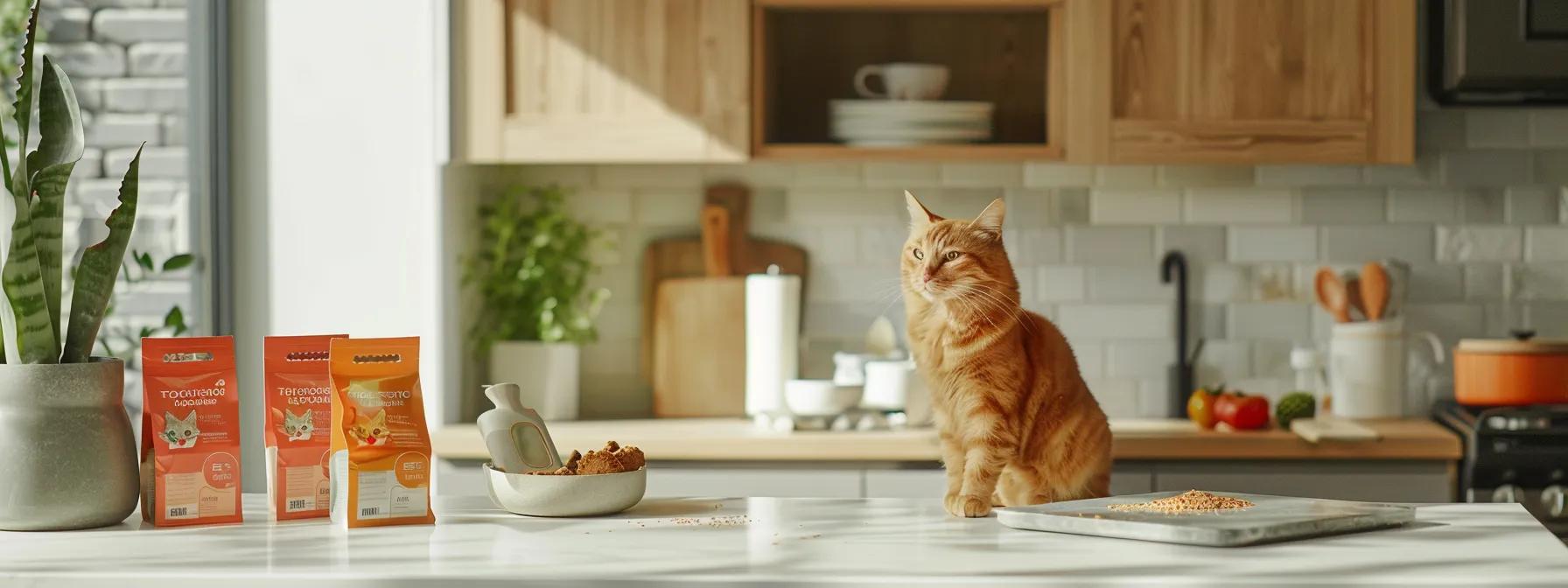 a sleek, modern kitchen setting showcases an elegant display of freeze-dried raw cat food packages alongside vibrant testimonials from satisfied cat owners, emphasizing the positive impact on feline health and vitality. a sleek, modern kitchen setting showcases an elegant display of freeze-dried raw cat food packages alongside vibrant testimonials from satisfied cat owners, emphasizing the positive impact on feline health and vitality.