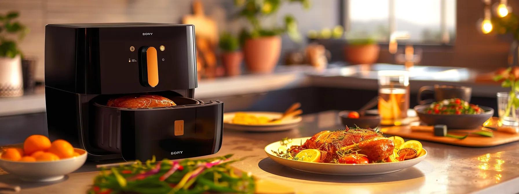 a sleek, modern kitchen setting showcases a terra wellness glass air fryer in action, surrounded by vibrant, colourfully plated healthy dishes that highlight the appeal of nutritious air fryer recipes. a sleek, modern kitchen setting showcases a terra wellness glass air fryer in action, surrounded by vibrant, colourfully plated healthy dishes that highlight the appeal of nutritious air fryer recipes.