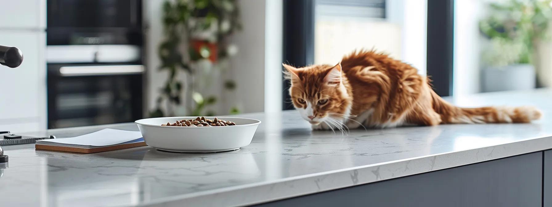 a sleek, modern kitchen setting showcases an elegant bowl filled with natural balance cat food, accompanied by a notepad and pen on a stylish counter, symbolizing the careful consideration of feeding guidelines for optimal feline health. a sleek, modern kitchen setting showcases an elegant bowl filled with natural balance cat food, accompanied by a notepad and pen on a stylish counter, symbolizing the careful consideration of feeding guidelines for optimal feline health.