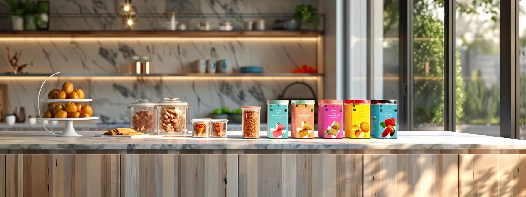 a sleek, modern kitchen setting showcases an array of vibrant, healthy cat treats artfully arranged on a polished countertop, emphasizing their colorful packaging and labeled ingredients that support digestive health, illuminated by warm, inviting overhead lighting. a sleek, modern kitchen setting showcases an array of vibrant, healthy cat treats artfully arranged on a polished countertop, emphasizing their colorful packaging and labeled ingredients that support digestive health, illuminated by warm, inviting overhead lighting.