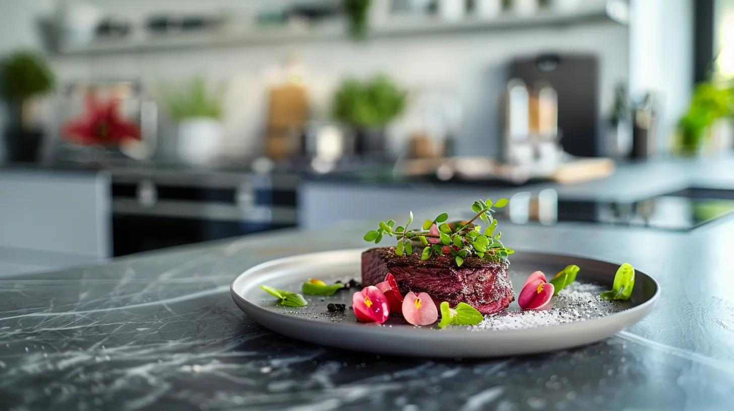 a sleek, modern kitchen showcases a beautifully plated dish of grass-fed beef, highlighted by fresh, vibrant garnishes, emphasizing its nutritional benefits and appealing to health-conscious consumers. a sleek, modern kitchen showcases a beautifully plated dish of grass-fed beef, highlighted by fresh, vibrant garnishes, emphasizing its nutritional benefits and appealing to health-conscious consumers.