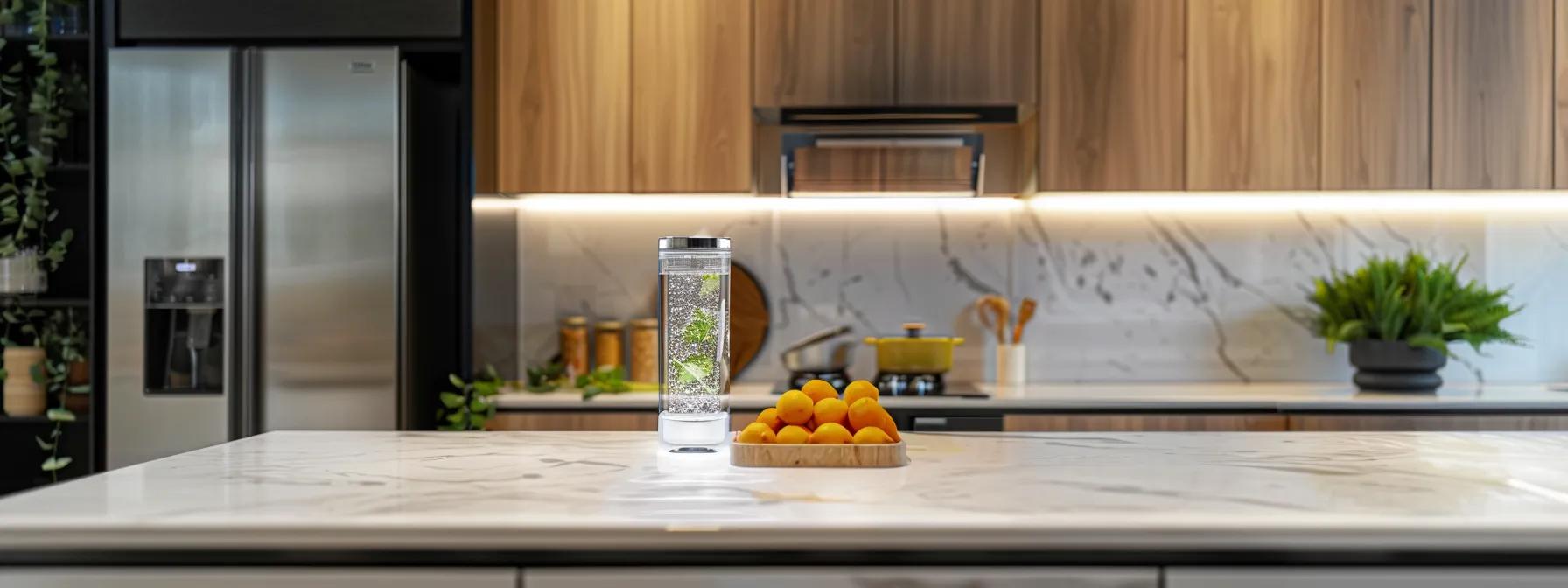 a sleek, modern kitchen showcases an easy-to-install whirlpool refrigerator water filter prominently displayed on a polished countertop, highlighting its advanced design and clean aesthetic under bright, focused lighting.