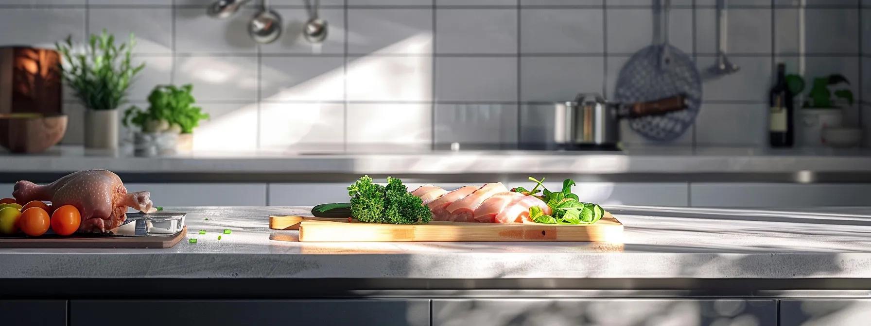 a sleek, modern kitchen showcases a gourmet meal preparation with fresh, lightly seasoned chicken prominently displayed on a cutting board, emphasizing its role as a top hypoallergenic ingredient for dogs in a clean, professional setting. a sleek, modern kitchen showcases a gourmet meal preparation with fresh, lightly seasoned chicken prominently displayed on a cutting board, emphasizing its role as a top hypoallergenic ingredient for dogs in a clean, professional setting.