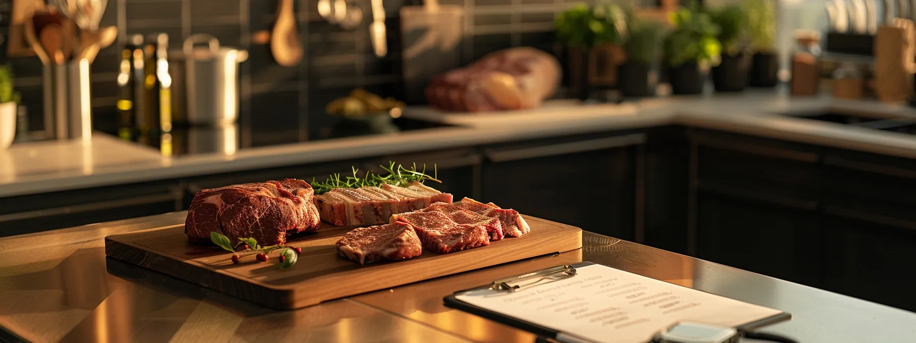 a sleek, modern kitchen showcases a butcher's block laden with premium cuts of beef, while a stylish clipboard detailing the steps to secure a shared cow purchase rests prominently in the foreground, highlighting a mix of culinary expertise and informed decision-making. a sleek, modern kitchen showcases a butcher's block laden with premium cuts of beef, while a stylish clipboard detailing the steps to secure a shared cow purchase rests prominently in the foreground, highlighting a mix of culinary expertise and informed decision-making.
