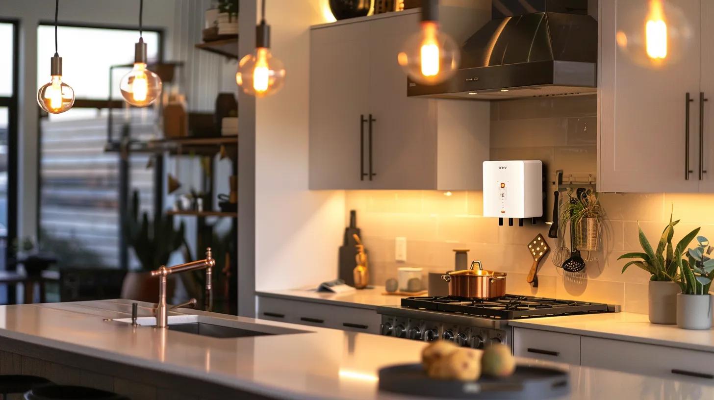 a sleek, modern kitchen showcases a state-of-the-art tankless water heater mounted on the wall, surrounded by efficient plumbing fixtures and stylish appliances, illuminated by warm, focused lighting that highlights the unit's energy-efficient design. a sleek, modern kitchen showcases a state-of-the-art tankless water heater mounted on the wall, surrounded by efficient plumbing fixtures and stylish appliances, illuminated by warm, focused lighting that highlights the unit's energy-efficient design.