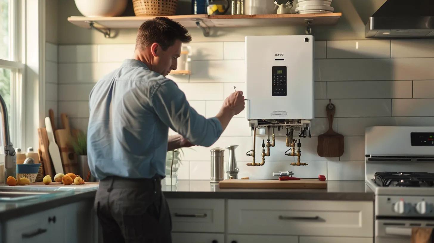a sleek, modern kitchen showcases a newly installed tankless water heater with a professional installer examining the unit, surrounded by tools and equipment in a bright, organized indoor space. a sleek, modern kitchen showcases a newly installed tankless water heater with a professional installer examining the unit, surrounded by tools and equipment in a bright, organized indoor space.