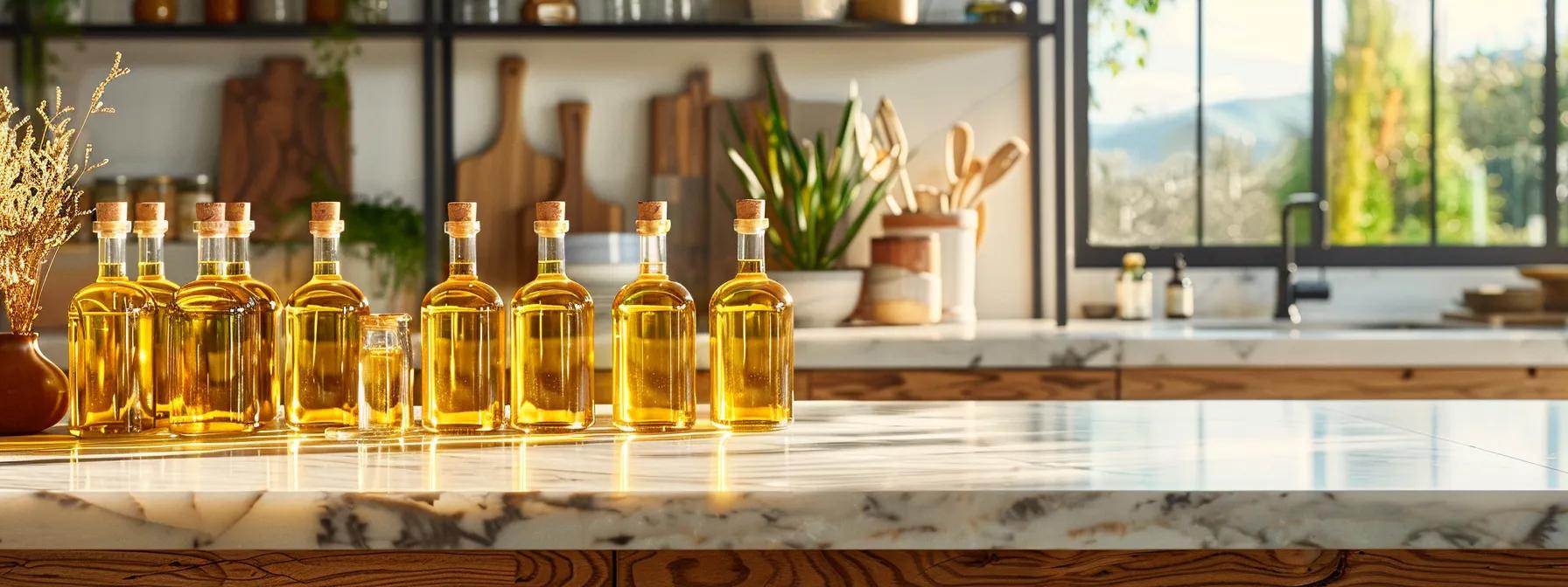 a sleek modern kitchen showcases an array of clear glass bottles filled with vibrant golden vegetable oils, elegantly labeled to highlight their natural vitamin e content, all set against a minimalist marble countertop.
