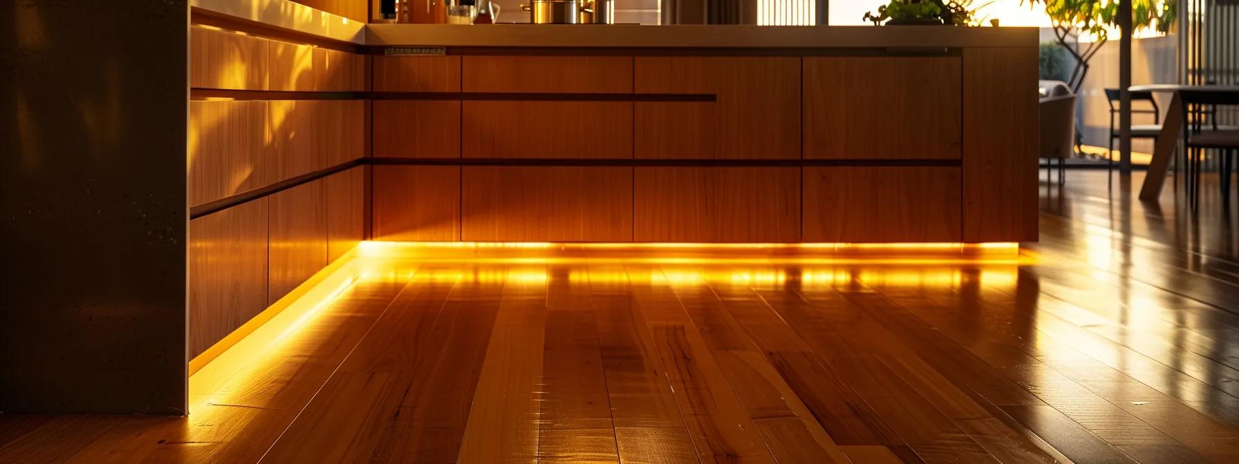 a sleek, modern kitchen with polished hardwood floors illuminated by warm, ambient lighting, showcasing a gentle cleaning process with a microfiber mop and natural cleaning solution, emphasizing the care needed for hardwood maintenance. a sleek, modern kitchen with polished hardwood floors illuminated by warm, ambient lighting, showcasing a gentle cleaning process with a microfiber mop and natural cleaning solution, emphasizing the care needed for hardwood maintenance.