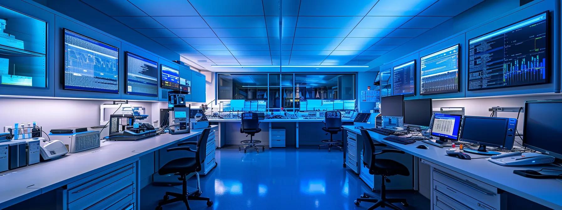 a sleek, modern laboratory filled with advanced technology and vibrant displays, showcasing a pivotal moment in a research study on mk-677's effects on fat loss, emphasizing precision and innovation in the realm of health and fitness.