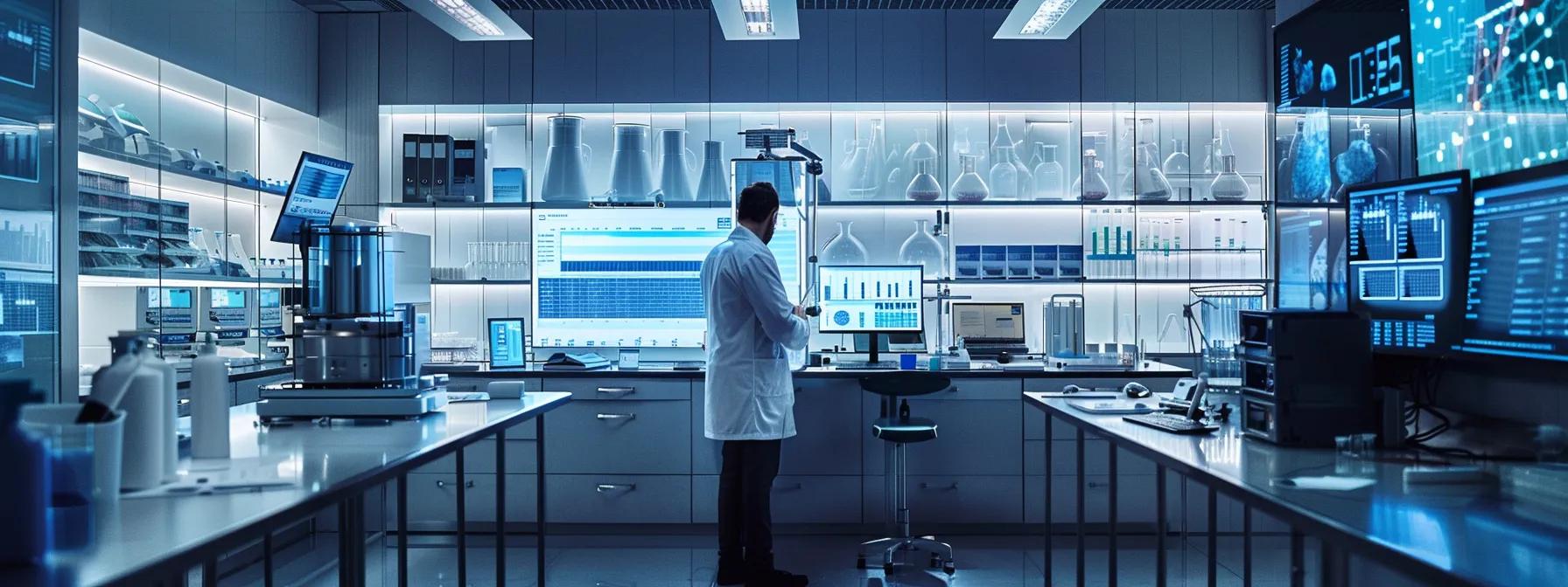 a sleek, modern laboratory filled with high-tech equipment and illuminated by focused overhead lights captures a researcher intently analyzing data on mk-677's effectiveness for fat loss, set against a backdrop of digital screens displaying detailed graphs and scientific metrics.