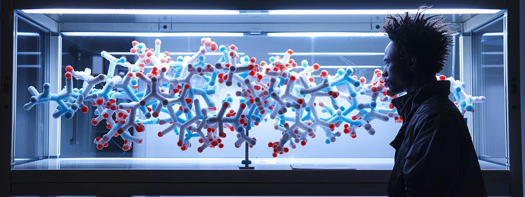 a sleek, modern laboratory is illuminated by dramatic overhead lighting as a focused scientist examines a molecular model of ostarine mk-2866, highlighting its unique structure and its selective binding to androgen receptors in a sterile environment.