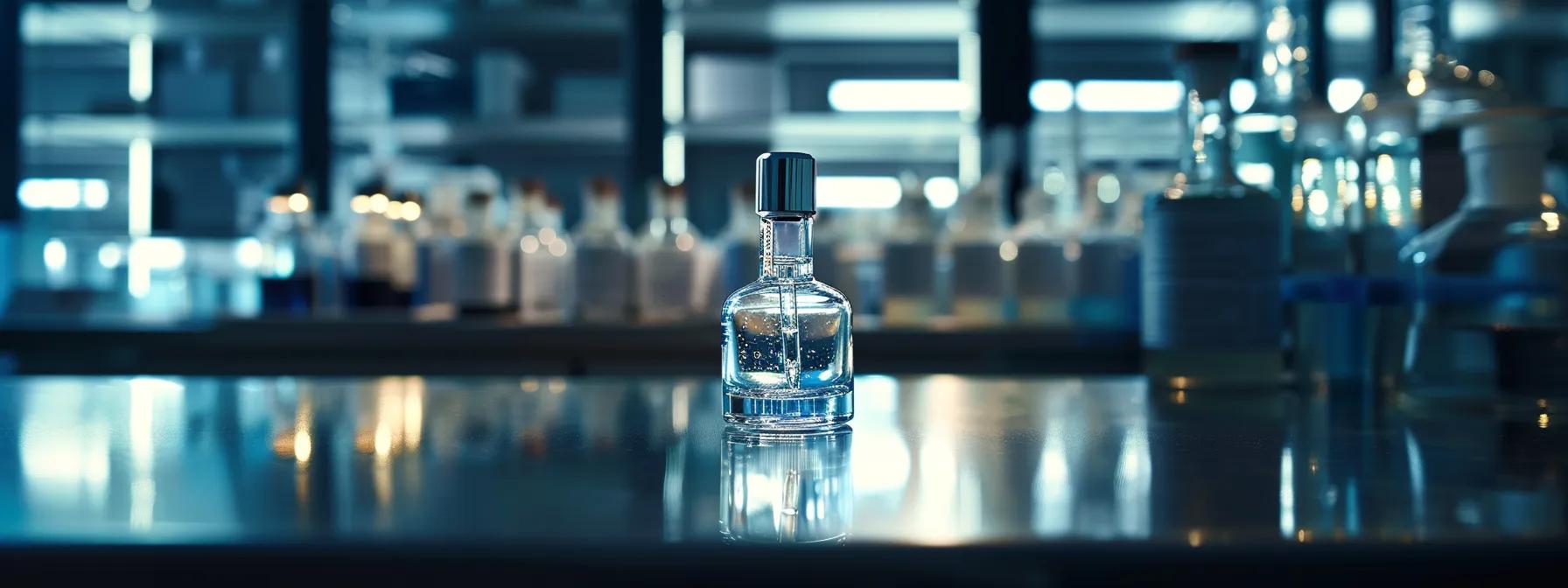 a sleek, modern laboratory setting featuring a prominently displayed glass vial of ibutamoren, illuminated by focused studio lighting, conveys the innovative edge of its anti-aging benefits compared to traditional hgh treatments.