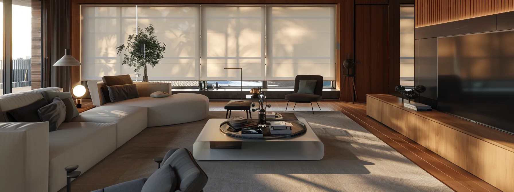 a sleek, modern living room with smart roller shades seamlessly adjusting to the sunlight, enhancing privacy and security while complementing the elegant decor. a sleek, modern living room with smart roller shades seamlessly adjusting to the sunlight, enhancing privacy and security while complementing the elegant decor.