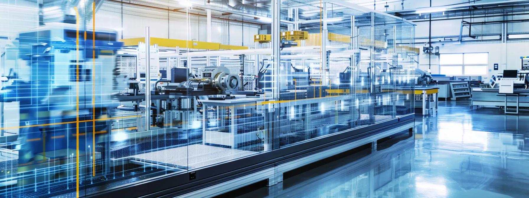 a sleek, modern manufacturing facility showcases advanced machinery and precision metal parts, emphasizing an efficient design process with blueprints and digital screens highlighting streamlined production strategies.