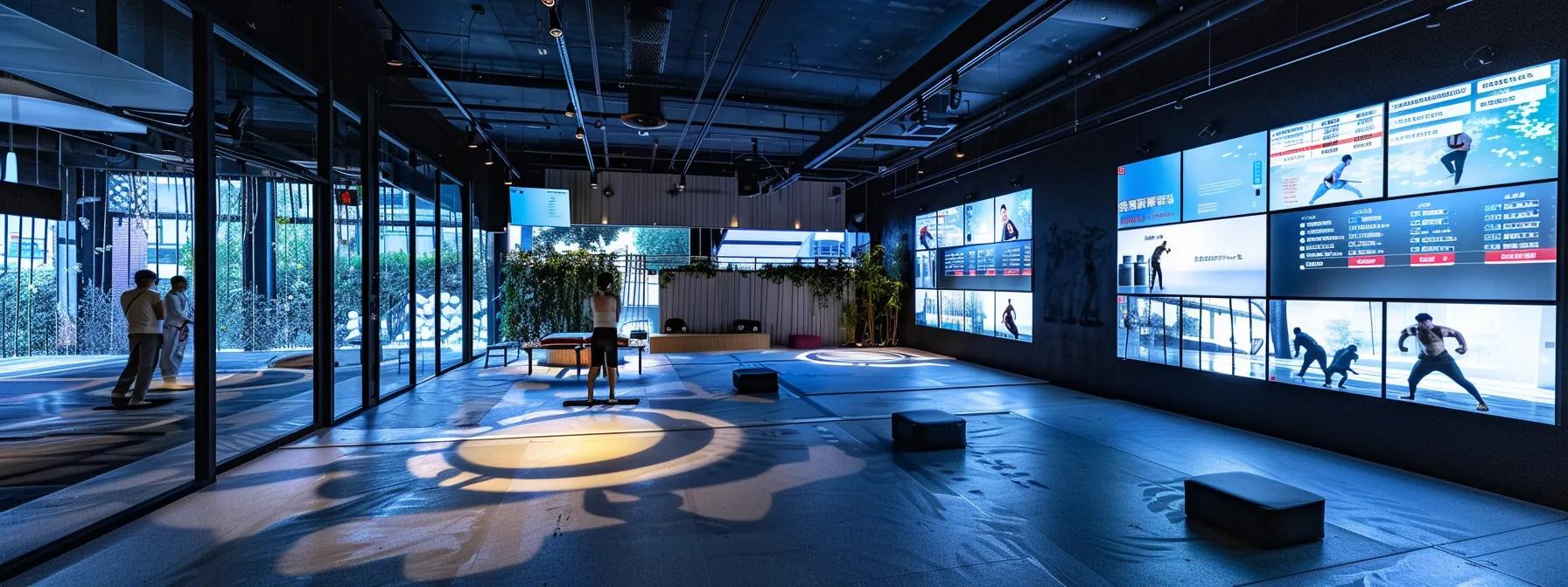 a sleek, modern martial arts dojo equipped with digital screens displaying an automated messaging system interface, while focused instructors engage with students in dynamic training poses under bright, focused lighting. a sleek, modern martial arts dojo equipped with digital screens displaying an automated messaging system interface, while focused instructors engage with students in dynamic training poses under bright, focused lighting.